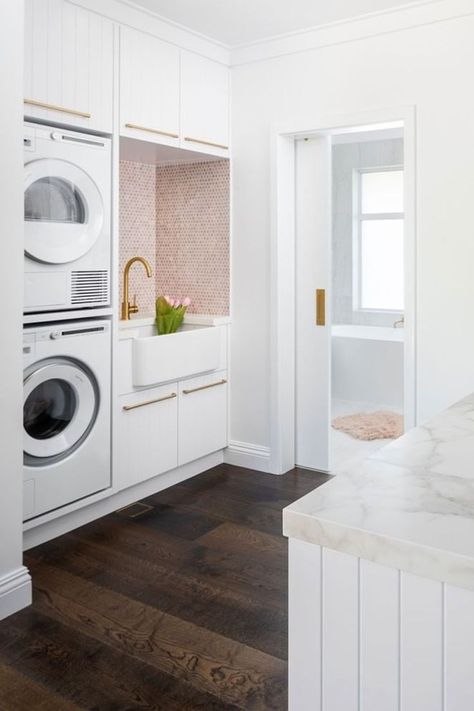 Laundry renovation with dark floorboards and white cabinetry. Paired back with brushed brass finishes on the cabinet handles, sliding door pull handle and tapware. The following products featured include: 
• Turner Hastings Novi Fireclay Single Butler Sink, Universal Flat or Ribbed
• Castella Terrace Pull Handle Brushed Brass Dark Floorboards, Butler Kitchen, Laundry Renovation, Ceramic Kitchen Sinks, Butler Sink, Laundry Room Inspiration, Blue Space, White Cabinetry, Ceramic Kitchen