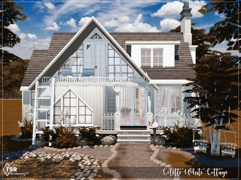 The Sims Resource - Colette White Cottage Sims 4 White House, Sims 4 Furnished House Download, Sims 4 Cc Houses Download Furnished, Sims 4 Lot Download, House One Story, White Cottage House, Sims 4 Modern House, The Sims 4 Lots, Autumn Cottage