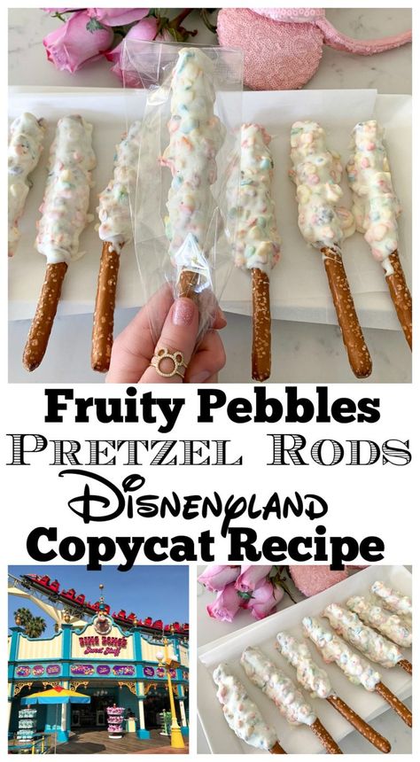 Fruity Pebbles Pretzel Rods - Picky Palate - Best Food at Disneyland! Chocolate Covered Pretzels Flavors, Pretzel Rod Display Ideas, Pretzel Sticks Dipped, Easter Pretzels, Pretzel Rods Recipe, Chocolate Covered Pretzels Recipe, Best Disneyland Food, Chocolate Pretzel Rods, Dipped Treats