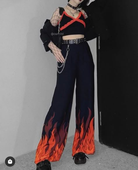 Flame Outfit Aesthetic, Fire Inspired Outfits, Edgy Black Outfits, Fancy Pants Outfit, Fire Pants, Goth Outfit Inspo, Fire Outfits, Denim Diy Clothes, Fire Clothes