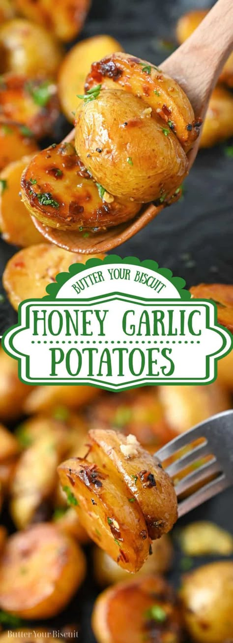 Honey garlic roasted potatoes is a super simple side dish that goes with anything. Buttery, garlicky with a touch of sweetness. #potatoes #roastedpotatoes #easysidedish Honey Garlic Potatoes, Garlic Potatoes Recipe, Best Potato Recipes, Garlic Roasted Potatoes, Garlic Potatoes, Potato Recipes Side Dishes, Potato Sides, Roast Potatoes, Honey Roasted