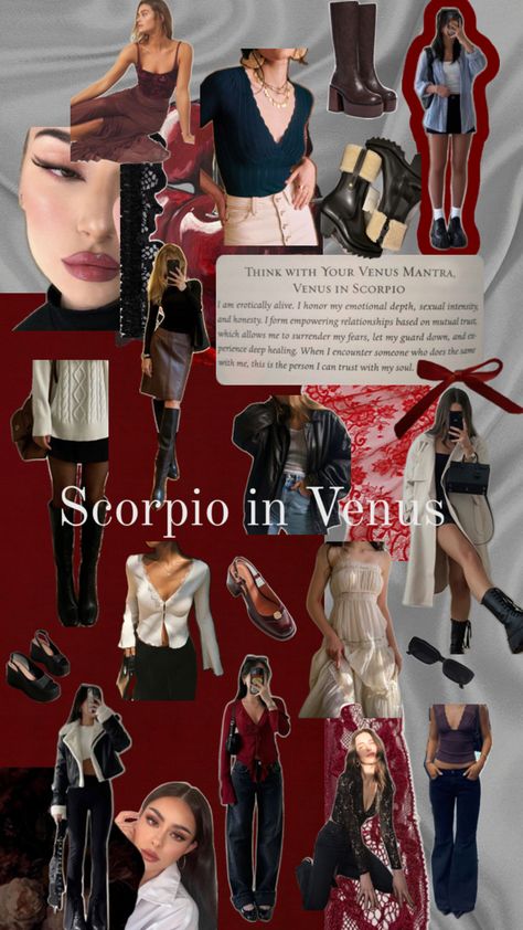 Venus in Scorpio style vision board. Elegant, classy, sensual Scorpio Venus Style, Venus Scorpio, Demure Outfit, Scorpio Style, Scorpio Fashion, Rising Scorpio, Scorpio Aesthetic, Venus In Scorpio, Venus In Aries