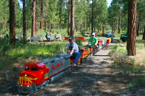 With 36 miles of track covering 22 acres, this railroad is a sight to behold! Hop aboard one of the trains for a ride through the forest. Live Steam Locomotive, Ride On Train, Klamath Falls Oregon, Oregon Forest, Klamath Falls, Sante Fe, Train Ride, All Aboard, Model Train