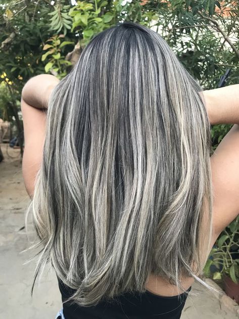 Icy Blonde Highlights With Dimension, Hair Balayage Ash Blonde, Balayage Grey Hair, Balayage Gray Hair, Ashy Blonde Highlights On Dark Hair, Balayage Grey, Hair Dye Balayage, Ash Blonde Highlights On Dark Hair, Blonde Hair Colour