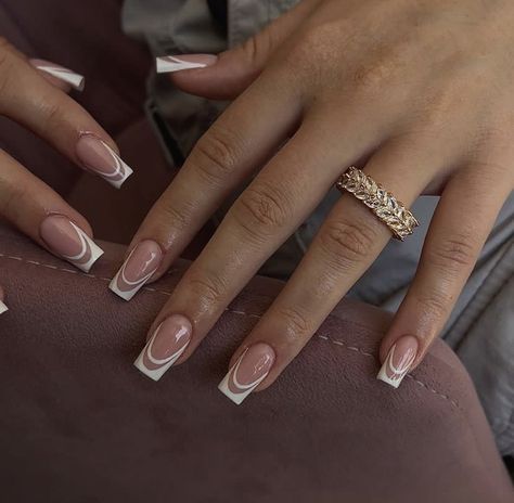 French Tip Acrylics With Initial, White French Tip Triangle, Swirl French Tip Nails Square, French Tips White Square, Square Double French Nails, Calm Nail Designs, French Tip Square Nails With Design, White French Nails Square, Pattern French Tip Nails