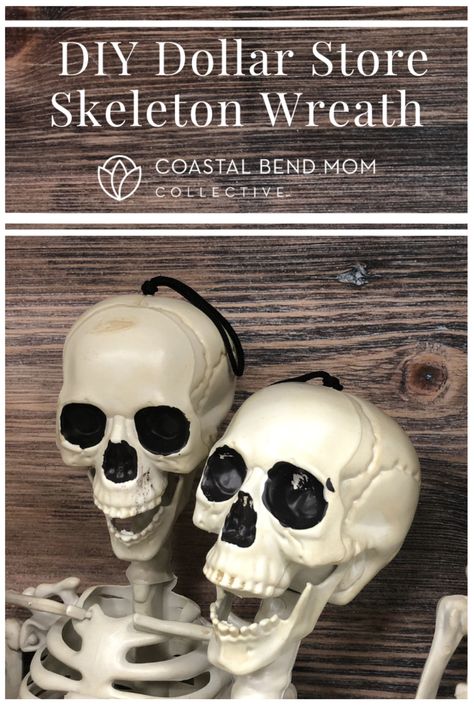 The fun DIY skeleton wreath is a great addition to your Halloween decorations - and best part: so affordable. Creepy Diy, Diy Skeleton, Skeleton Wreath, Plastic Skeleton, Wreath Rings, Cute Creepy, Halloween And Fall, Wreath Forms, Spooky Decor