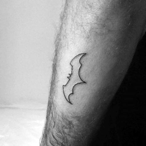 Small Simple Mens Batman Symbol Outer Forearm Tattoos With Black Ink Outline Design Batman Tattoo Outline, Batman Tattoo Design Symbols, Minimalist Batman Tattoo, Batman Tattoo Ideas For Men, Small Batman Tattoo Ideas, Simple Batman Tattoo, 2x2 Tattoo Ideas Men, Batman Tattoo Small, Batman Tattoos For Women