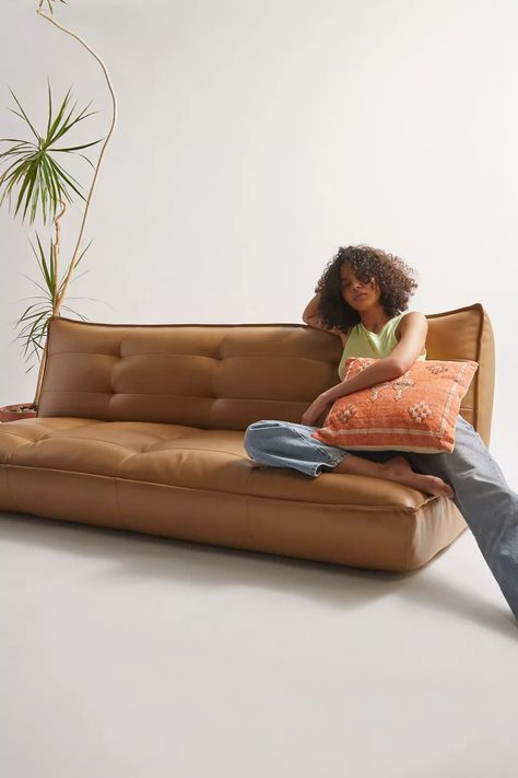 Greta Recycled Leather XL Sleeper Sofa | Urban Outfitters Couch Alternatives, Couch Dimensions, Fold Down Beds, Ranch Living, Futon Living Room, Urban Living Room, Flex Space, Floor Couch, Sleeper Bed