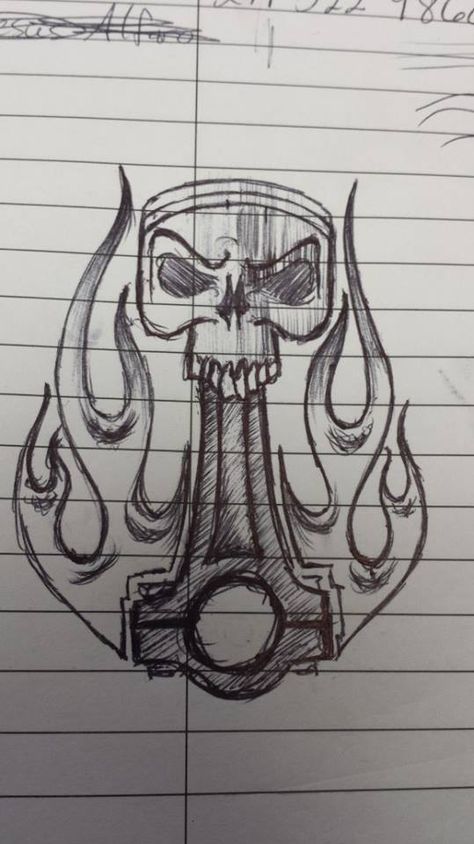 Skull Piston Piston Art Ideas Design, Piston Drawing, Piston Tattoo, Evil Skull Tattoo, Skull Art Tattoo, Mechanic Tattoo, Cool Tattoo Drawings, Pitbull Art, Skull Sleeve Tattoos