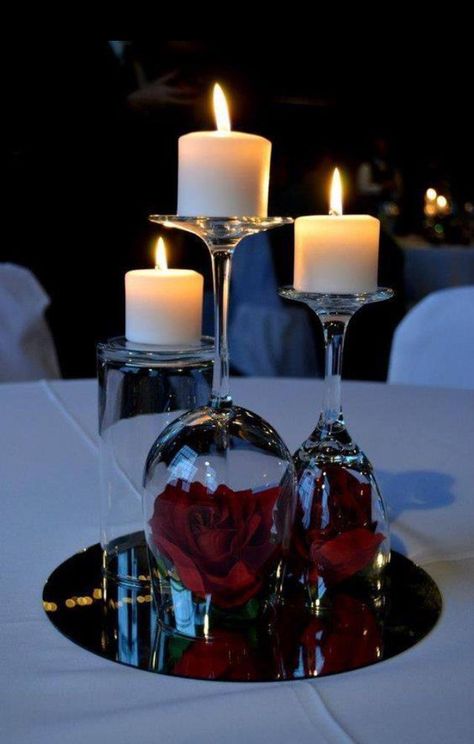 Easy Valentines Table Decor, Fairy Light Wedding Centerpieces Diy, Red And Grey Wedding Decorations, Diy Rose Centerpieces Wedding, Dinner Candles Decoration, Valentines Wedding Centerpieces, Wedding Centerpieces With Mirrors, Roses Centerpieces Ideas, Fake Roses Decor