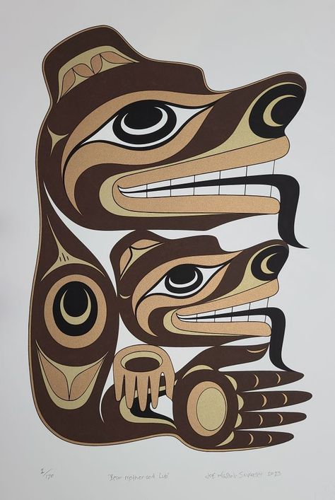 Bear Mother and Cub - Joe Wilson (Coast Salish) - screen print - edition of 170. Click on image for more information. #bear #bearcub #firstnationsart Alaska Style, Arte Haida, Native American Totem, Totem Design, Mother Bear, Coast Salish, Native Artwork, Native Tattoos, Native Beading