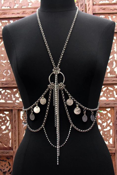 Body Chain Plus Size, Beaded Body Jewelry, Fantasy Metal Body Jewelry For Festival, Handmade Fantasy Body Jewelry For Festivals, Beaded Harness, Gothic Festival Body Jewelry With Chain, Gothic Body Jewelry With Adjustable Chain, Gothic Metal Chain Body Jewelry, Body Harness