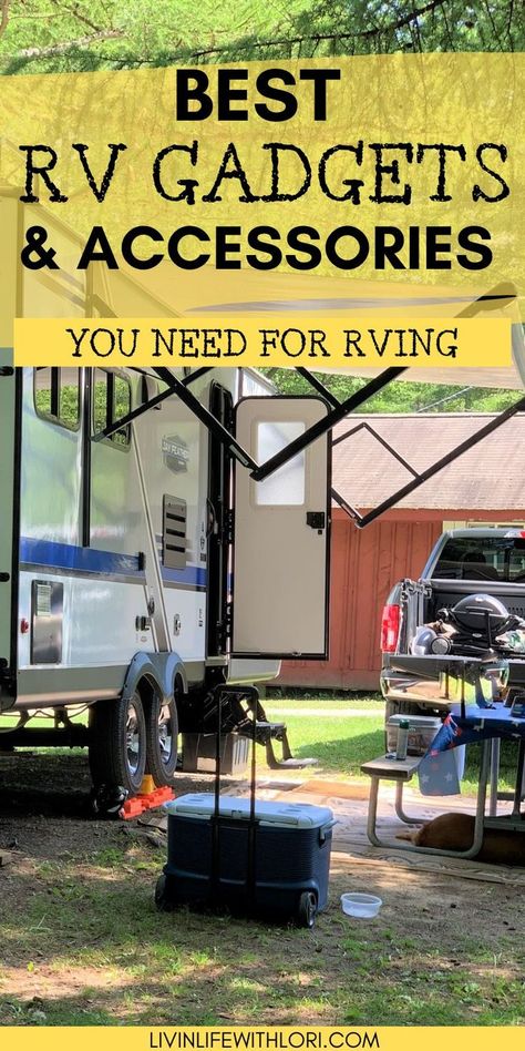 Best RV Gadgets and Accessories needed for the RV Lifestyle Rv Camping Essentials, Rv Must Haves, Rv Hacks Travel Trailers, Rv Camping Accessories, Rv Gadgets, Travel Trailer Accessories, Best Travel Trailers, Travel Trailer Living, Rv Camping Tips