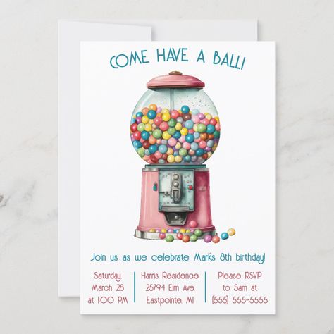 Come Have a Ball! Retro Bubble Gum Birthday Party Invitation Gum Birthday Party, Bubble Gum Birthday Party, Bubblegum Party, Bubble Gum Party, Bubble Gum Machine, Dubble Bubble, Kids Pop, Gumball Machine, 6th Birthday