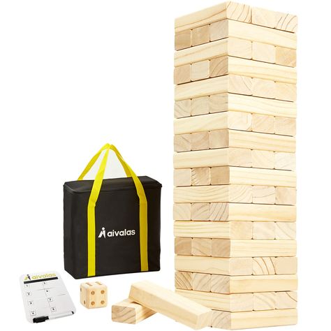 PRICES MAY VARY. ♥ COMPLETED GIANT BLOCK GAME SET:Aivalas Giant Tumble Tower set comes with everything you need: 56 PCS Handpick Pine Wooden Blocks, 1 PCS Yard Dice, 1 PCS Scoreboard with Marker and 1 PCS Carrying Bag.The Giant Tower can be stacked up to 4.2 FT if the players are skillful enough. ♥ QUALITY NATURAL WOOD FOR LONG TERM PLAY:Each piece timber block made of Super Quality New Zealand Pine Hardwood and measures 6.0" L x 2.0" W x 1.3’’H, which are able to withstand wear and tear after l Giant Outdoor Games, Yard Dice, Wood Stacking, Diy Yard Games, Stack Game, Elopement Party, Giant Jenga, Tower Games, Stacking Blocks