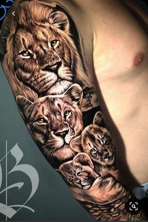 Lioness And Cub Tattoo, Family Sleeve Tattoo, Lion Shoulder Tattoo, Family Tattoos For Men, Cubs Tattoo, Animal Sleeve Tattoo, Lioness Tattoo, Lion Tattoo Sleeves, Wolf Tattoo Sleeve