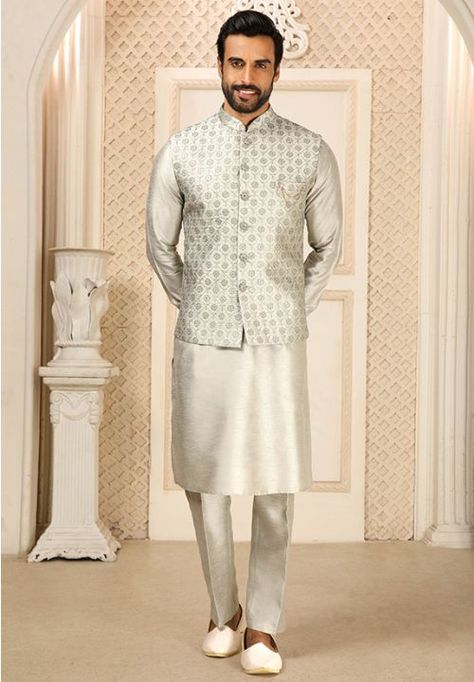 Kurta Set With Jacket, Grey Dupatta, Grey Kurta, Indian Wedding Clothes For Men, Nehru Jacket For Men, Silk Kurta Set, Gents Kurta, Modest Evening Dress, Nehru Jacket