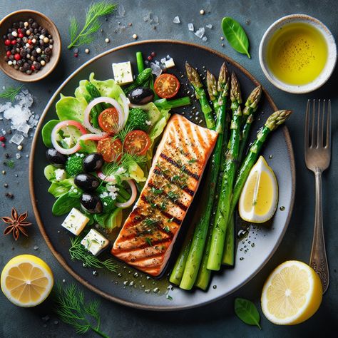 Relish a keto-friendly plate of grilled salmon topped with herb garlic butter, complemented by steamed asparagus and a vibrant salad with feta cheese, cherry tomatoes, black olives, and a toss of lemony olive oil dressing. Served with fresh lemon and dill. 

#KetoMeal #GrilledSalmon #HealthyEating #FreshSalad #FetaCheese #ZestyLemon Restaurant Ambience, Food Plating Design, Vibrant Salad, Grilled Salmon Salad, Salad With Feta Cheese, Plating Design, Food Reference, Olive Oil Dressing, Plating Ideas