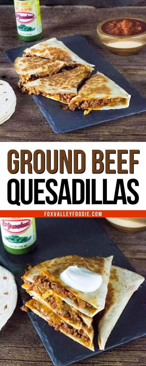 These cheesy ground beef quesadillas are loaded with seasoned beef and salsa, along with a generous helping of shredded cheese to ensure each bite is gooey and delicious! If you are looking for a quick and easy meal using simple ingredients, this is it! Quesadillas are a great way to make taco night more exciting, while ground beef makes them heartier. Add your favorite taco customizations to them as well to fit your family's tastes! Taco Melts Beef, Ground Beef Quesadillas Easy, Ground Beef Tortilla Wraps, Beef Quesadillas Easy, Mini Beef Quesadillas, Quasidilla Recipes Ground Beef, Taco Quesadilla Recipes, Cheesy Ground Beef Quesadillas, Taco Meat Quesadilla