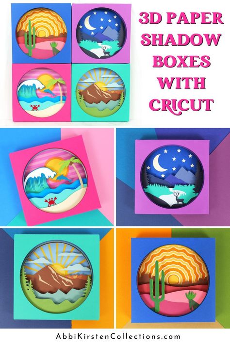 How to make 3D layered shadow boxes with your Cricut machine made from cardstock paper. Download 4 landscape scenes on Abbi Kirsten Collections. Shadow Box Svg, Cricut Expression, Layered Art, Shadow Box Art, 3d Shadow Box, Cute Easter Bunny, Shadow Art, 3d Paper Crafts, Scene Design