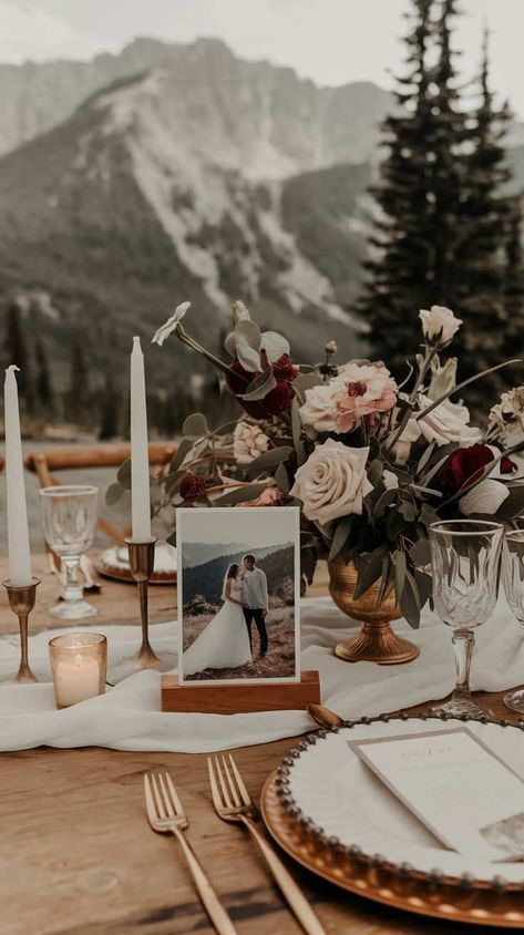 Wedding Decor Archives - Be Right Back by Mary November Mountain Wedding, Mountain Wedding Ideas Decor, Fall Mountain Wedding Decor, March Wedding Ideas, Winter Wedding Arch, Forest Wedding Decorations, Mountain Wedding Decor, Mountain Wedding Ideas, Fall Mountain Wedding