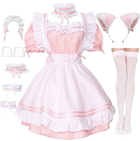 High-quality Fabric: Polyester, cotton , well made, soft and comfy to the touch , cute anime maid queen princess dress outfit look. The complete 8 pcs set includes: dress + apron + maid headwear + cat ear + neck ring + bracelet * 2 + leg ring * 2+ knee socks. Distinctive Design: There is a big bow design on the back of the dress, with two black bows on the waist, it looks more cute. The black base skirt is matched with a white apron. Applicable Occasion: It’s suitable for many different occasion Princess Dress Outfit, Halloween Makeup Costume, Leg Ring, Dress Apron, Pink Apron, Neck Ring, Maid Cosplay, Anime Maid, Pastel Outfit