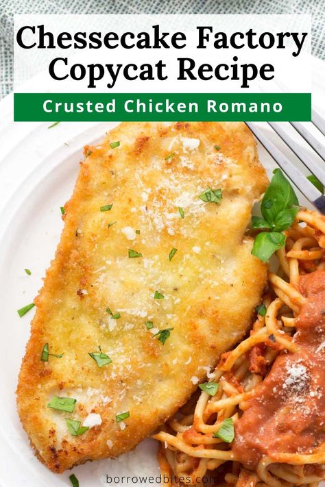 This extra-crispy Crusted Chicken Romano is a tender, juicy chicken cutlet coated in a delicious blend of Romano cheese, Parmesan cheese, and panko breadcrumbs. It’s the perfect copycat of the Cheesecake Factory recipe. Plus it uses only 6 ingredients and can be on the table in under 30 minutes! Cheesecake Factory Copycat Recipes Parmesan Crusted Chicken, Cheesecake Factory Chicken Parmesan, Parmesan Crusted Chicken Cheesecake Factory, Cheesecake Factory Parmesan Crusted Chicken, Recipe Critic Recipes Chicken, Cheesecake Factory Chicken Romano, Cheesecake Factory Parmesan Herb Chicken, Copycat Cheesecake Factory Recipes, Chicken Romano Recipe