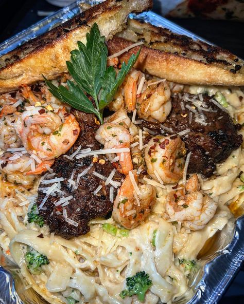 Lamb chops w/ jerk seasonings along with cajun shrimp over fettucine alfredo pasta. Served with a sliced ciabatta baguette. Lamb Chop Alfredo, Jerk Lamb, Cajun Shrimp Alfredo, Lamb Chop, Shrimp Alfredo, Jerk Seasoning, Cajun Shrimp, Alfredo Pasta, Shrimp Pasta