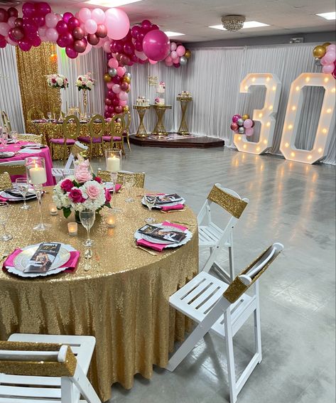 Pink And Gold 30th Birthday Decorations, Pink And Gold Birthday Backdrop, Rose Pink Birthday Party Ideas, Fuschia And Gold Birthday Party, White Gold And Pink Party Decorations, Pink White Gold Birthday Decor, Hot Pink And Gold Birthday Party, Pink And Gold Birthday Party Decorations, Pink And Gold Birthday Theme