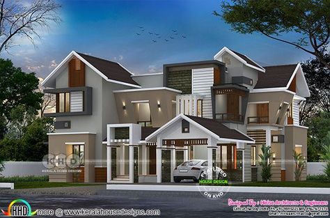 4200 square feet 5 bedroom sloping roof home design Roof Home Design, House Plans 3d, Terrace Roof, Sloping Roof, Kerala Home, Flat Roof House, 2 Storey House Design, Modern Small House Design, Classic House Design