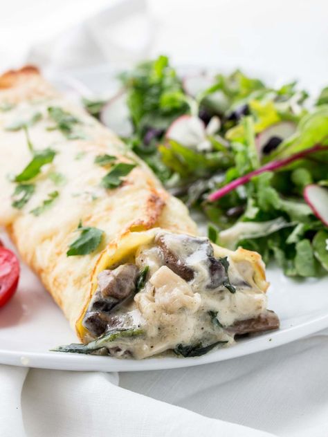 Chicken Florentine Crepes are a great savory crepe made with rotisserie chicken, mushrooms & spinach in a cheesy cream sauce.| low carb, keto, gluten free Chicken Florentine Crepes, Savory Crepes Filling, Crepes Savory, Dinner Crepes, Crepe Recipe Savory, Chicken Crepes, Easy Crepe Recipe, Crepes Filling, Crepe Recipe