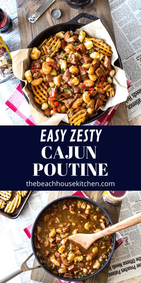 This Cajun Poutine is the classic Canadian dish, Cajun style! It's loaded with shrimp, sausage, veggies and cheese curds all in a zesty brown gravy atop waffle fries. Your game day appetizer couldn't get any tastier! Cajun Gravy Fries, Nola Recipes, Gravy Fries, Poutine Recipe, Canadian Dishes, Southern Cooking Recipes, Shrimp Sausage, Waffle Fries, Vegetable Side Dishes Recipes