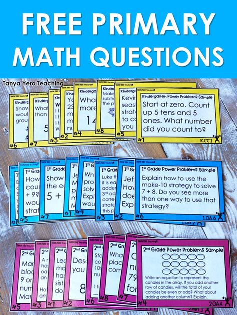 These free kindergarten, 1st grade, and 2nd grade math word problems are perfect for math review, math practice, or question of the day. Use these free primary math worksheets to build conceptual understanding and promote rigorous questioning. These free math questions are aligned to Common Core standards. Second Grade Math Word Problems, 2nd Grade Word Problems Free, Maths Provocations, Spiral Math, Elementary Math Classroom, Math 5, Maths Ideas, Math Talk, Daily 3