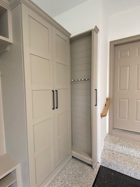 Garage Mudroom IKEA Hack Ikea Basement Storage Ideas, Drop Zone Garage Entry, Modern Farmhouse Garage Interior, Hidden Mudroom Storage, Garage Entryway Ideas Entrance, Pax Mudroom, Garage Mudroom Ideas Diy, Mudroom Locker Ideas, Closet Into Mudroom Entry Ways