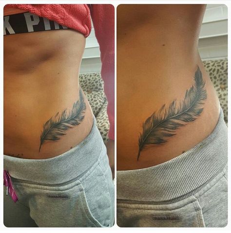 Love this feather! And the placement Feather Hip Tattoos, Tattoo Stomach, Lower Belly Tattoos, Side Hip Tattoos, Tummy Tattoo, Stomach Tattoos Women, Stomach Tattoo, Waist Tattoos, Tattoos To Cover Scars