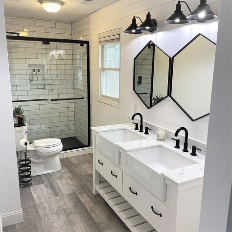 The Encore's striking matte black finish and double sliding glass design create a stylish look that beautifully complements this charming black and white bathroom design by @designersshowcaseremodeling.

Share your bathroom remodel and tag @dreamlineshower for a chance to be featured on our page! Bypass Sliding Shower Doors, Dreamline Shower, Bathroom Redesign, Modern Farmhouse Bathroom, Bathroom Remodel Shower, Sliding Shower Door, Dream House Rooms, Bathroom Renos, Shower Door