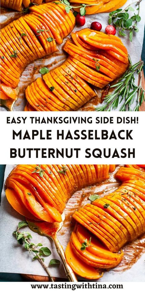 With tender roasted squash and a cinnamon maple glaze, this Maple Hasselback Butternut Squash is a great savory and sweet side dish. This one is perfect for Thanksgiving or Christmas! Plus, it's pretty easy. Hasselback Butternut Squash, Butternut Squash Side Dish, Butternut Squash Recipes Roasted, Baked Butternut Squash, Thanksgiving Side Dishes Easy, Savory Recipe, Thanksgiving Side Dish, Thanksgiving Cooking, Butternut Squash Recipes