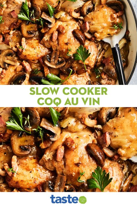 Slow Cooker White Wine Chicken, Slow Cooker Coq Au Vin Crock Pot, Slow Cooker Coq Au Vin, Coq Au Vin Recipe Slow Cooker, Coq Au Vin Slow Cooker, Chicken White Wine Sauce, Chicken Wine, Slow Cooker Chicken Stew, Cooking With White Wine