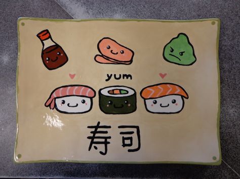 Cute faces sushi plate Sushi Plate Design, Sushi Pottery, Painting Pottery, Diy Sushi, Contemporary Pottery, Clean Plates, Sushi Plate, Work Inspiration, Pottery Ideas