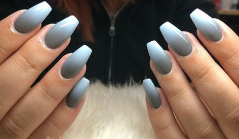 Ombre Nails Gray And White, Gray And Blue Nails Acrylic, Grey To White Ombre Nails, Grey White Ombre Nails, White And Grey Ombre Nails, Gray White Ombre Nails, Light Grey Ombre Nails, Gray Ombre Nails Almond, Blue And Grey Nail Ideas