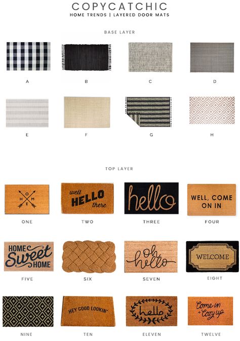 We are loving the trend of layering door mats for an extra statement. Start with a flat cotton weave and then add a slightly smaller coir on top. I’m especially a fan of top layers with witty welcome greetings. Some favorite combos: A1, D4, and G10. What would look good paired by your front door? Rug Under Welcome Mat, Layered Door Mat Ideas Fall, Doormat And Rug Combos, Rug Under Doormat, Door Mat And Rug Combos, Outdoor Layered Door Mats, Outdoor Rug Under Door Mat, Front Door Layered Rugs, Front Door Layered Doormat