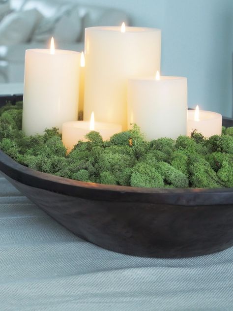 Wooden Bread Bowls, Decorating With Dough Bowls, Fresh Home Decor, Moss Candle, Dough Bowl Centerpiece, Sugar Mold, Moss Decor, Fall Table Centerpieces, Big Candles