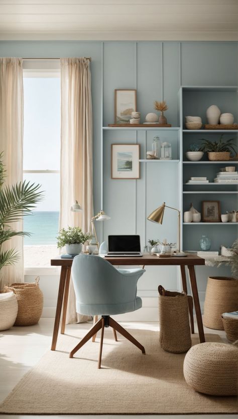 Tranquil coastal-style home office with soft blue and sandy hues, natural light, and minimalist decor. Turquoise Office Decor, Home Office Minimalist, Glass Bookshelves, Home Office Designs, Stylish Home Office, Rustic Home Offices, Office Minimalist, Office Themes, Ergonomics Furniture