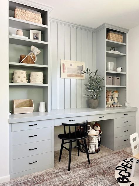 Wall Bookcase And Desk, Built In Wall Units With Desk, Built In Office Cabinets Wall Units, Wall Shelves With Desk, Built In Cabinet Desk, Built In Desk Bedroom, Kids Built In Desk, Desk And Bookshelves In Bedroom, Built In Shelves With Desk