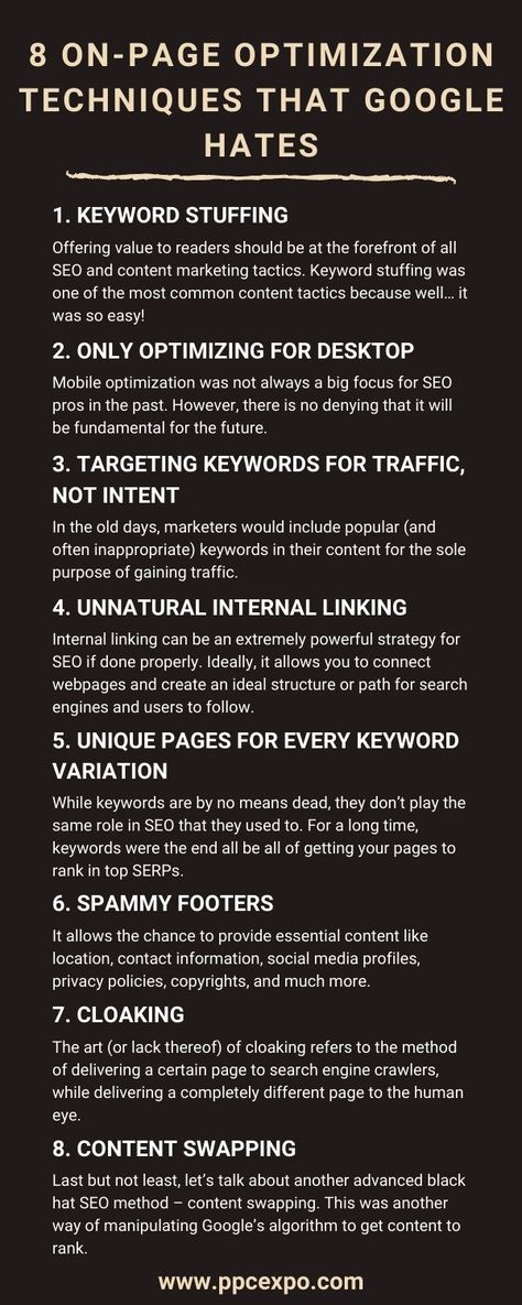 8 On-Page Optimization Techniques That Google Hates: On-page SEO best practices are constantly evolving. Here are eight old-school SEO techniques that you should avoid – or else risk getting penalized. #seo #onpageseo #seotechniques #seotips #seoforbeginners Onpage Seo, French Words Quotes, Off Page Seo, Marketing Infographics, Seo For Beginners, Constantly Evolving, Seo Techniques, Blog Seo, On Page Seo