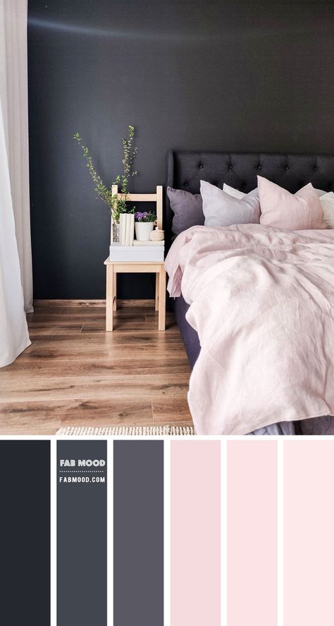 A touch of color can transform the most subtle, plain looking bedroom into a cozy, pleasing to the eye room. Colors on the walls... Charcoal Bedroom Ideas, Bedroom Inspirations Cozy Color Schemes, Bedroom Charcoal, Bedroom Inspirations Teenage, Charcoal Bedroom, Blush Bedroom, Bedroom Inspiration Cozy, Beautiful Bedroom Colors, Wedding Color Palettes