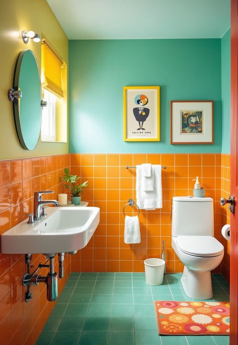 Vintage Modern Bathroom Retro Orange Bathroom, Retro Themed Bathroom, Retro Bathroom Ideas Vintage, 70s Bathroom Aesthetic, Bathroom 70s, 70’s Bathroom, Bathroom Ideas Vintage, Funky Bathroom Ideas, 70s Bathroom Decor