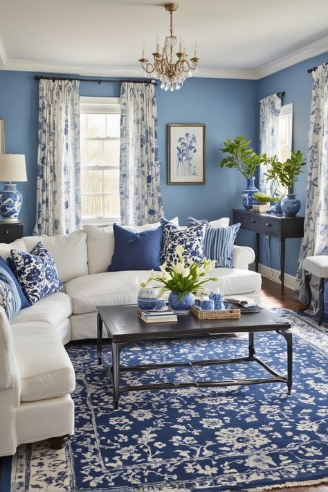 20 Blue and White Living Room Ideas – The Crafty Hacks Blue Living Room Cottage, Living Room Ideas Blue Walls, Blue Wall Living Room Decor, Blue Vintage Living Room, Living Room With Navy Accents, Blue Living Room Designs, Royal Blue Living Room, Blue Family Room, Blue Living Rooms