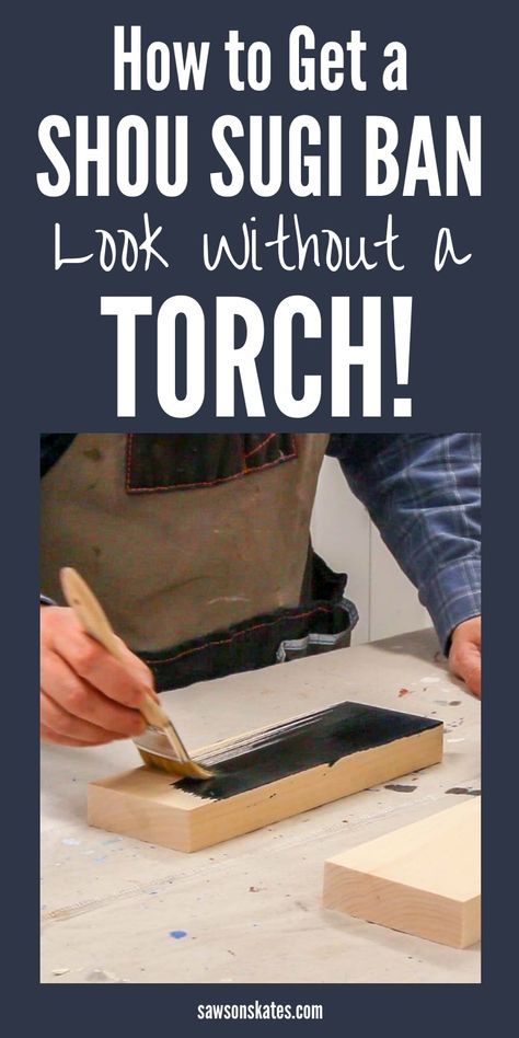 Learn how to get a Shou Sugi Ban look without using a torch! All you need is a paintbrush to get a rich, charcoal black look on wood and DIY furniture projects. #sawsonskates Decorative Wood Pieces, Build Your Own Garage, Burnt Wood Finish, Torch Wood, Wood Burning Techniques, Studio Cabin, Charred Wood, Sugi Ban, Shou Sugi Ban