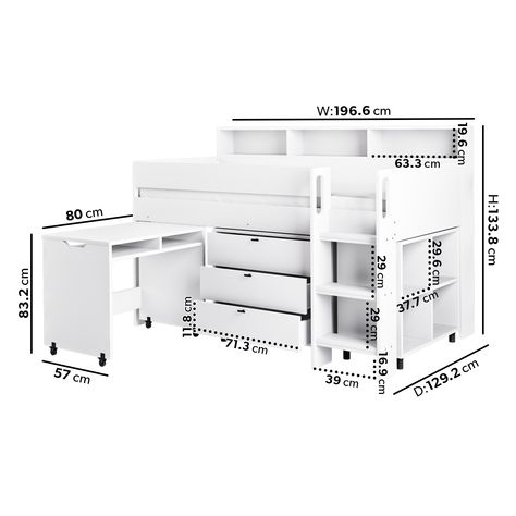 All about meCreate your child's dream bedroom with the modern white Aire mid-rise cabin bed. Position the freestanding furniture anywhere in the room to make space for a cosy den underneath the bed. The pull-out desk with wheels moves around easily and is perfect for homework. With a sturdy wooden build it’ll take your little one from tots to teensNeed to know . Bed dimensions .  W197 x L129.5 x H134 cm (66.2 kg) Desk dimensions .  W88.5 x L57 x H71.5 cm (19 kg) Shelving unit dimensions . Tiny Room Inspo Aesthetic Cozy, Cabin Bed With Desk, Mid Sleeper Cabin Bed, Bed With Desk Underneath, Desk With Wheels, Small Room Layouts, Study Bed, Desk And Storage, Small Bedroom Layout